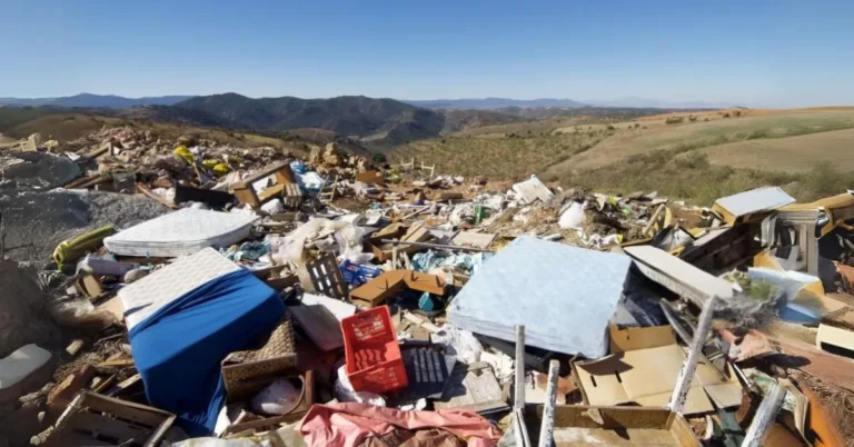 A landfill filled with old mattresses under a cloudy sky