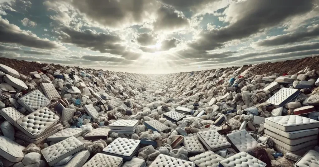 A photograph of a landfill filled with old mattresses