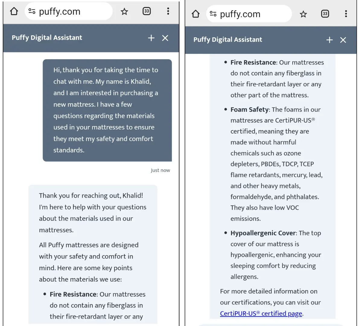 A screenshot of the conversation to puffy official website