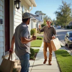 A customer giving a thumbs-up or a friendly wave to a delivery person