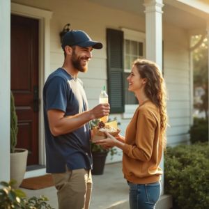 A delivery person being offered a cold drink or a snack by a customer at the door