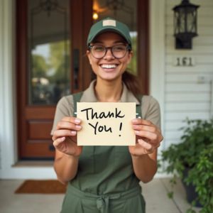 A delivery person receiving a handwritten thank-you note from a customer