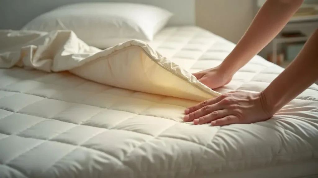 A person inspecting a mattress cover to identify fiberglass