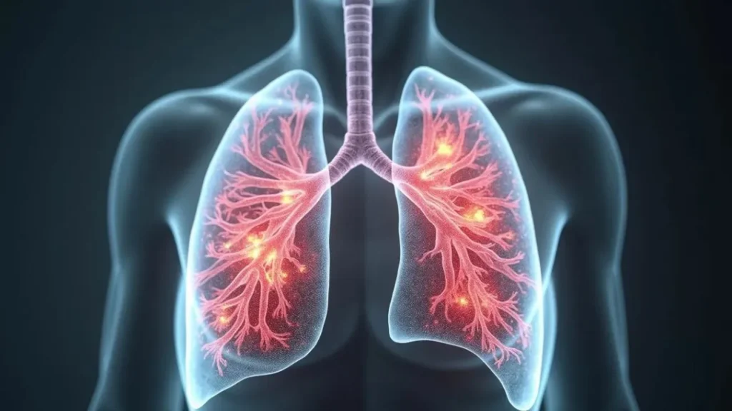 An x-ray style image showing lungs with highlighted areas to indicate inflammation or damage