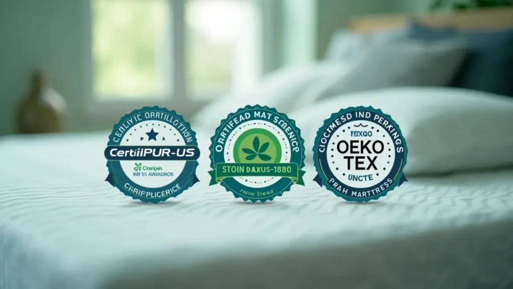 Certification badges with a mattress in the background