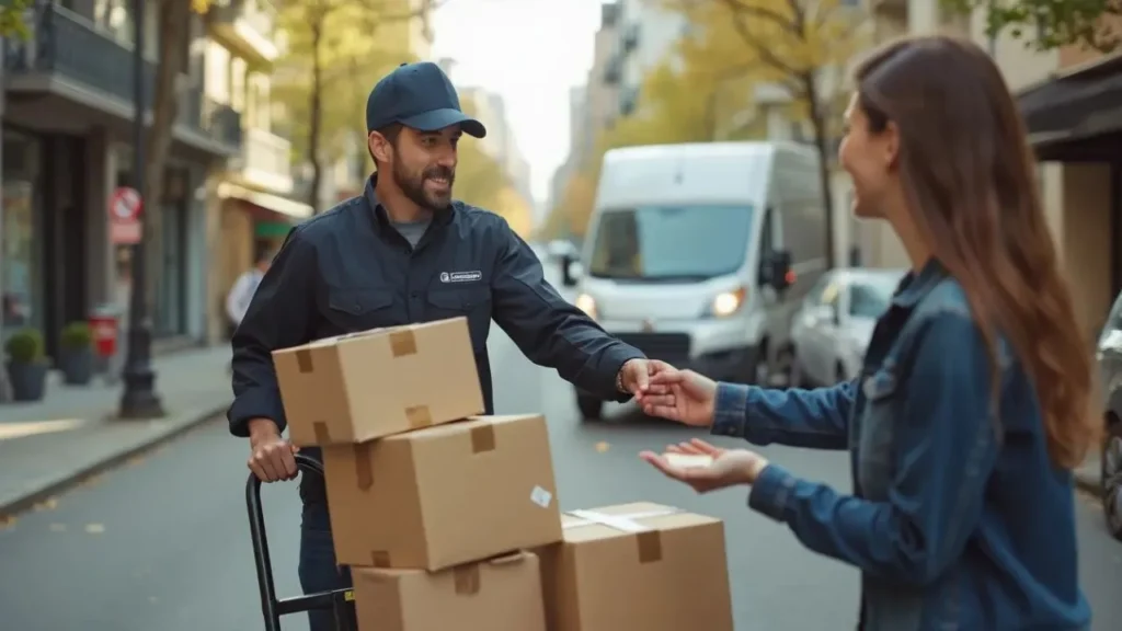 A delivery person is carrying multiple package