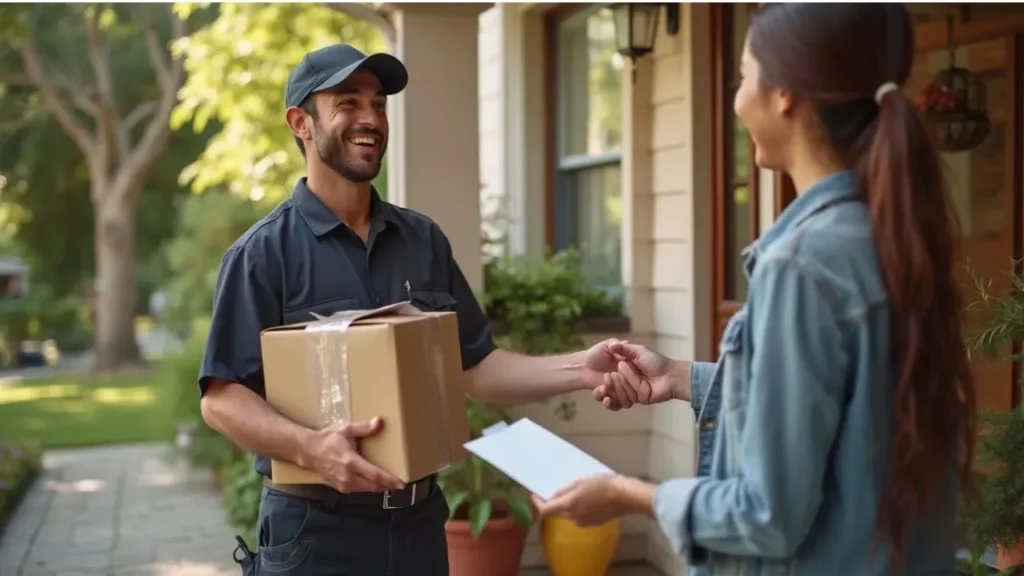 A delivery person receiving a tip with a smile