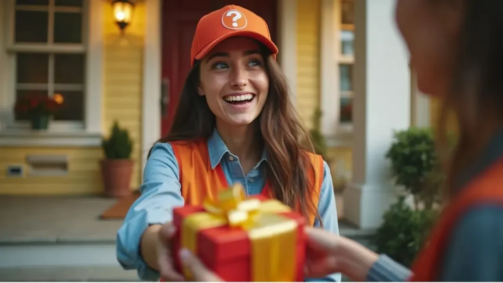 A delivery person surprised or grateful when receiving a tip