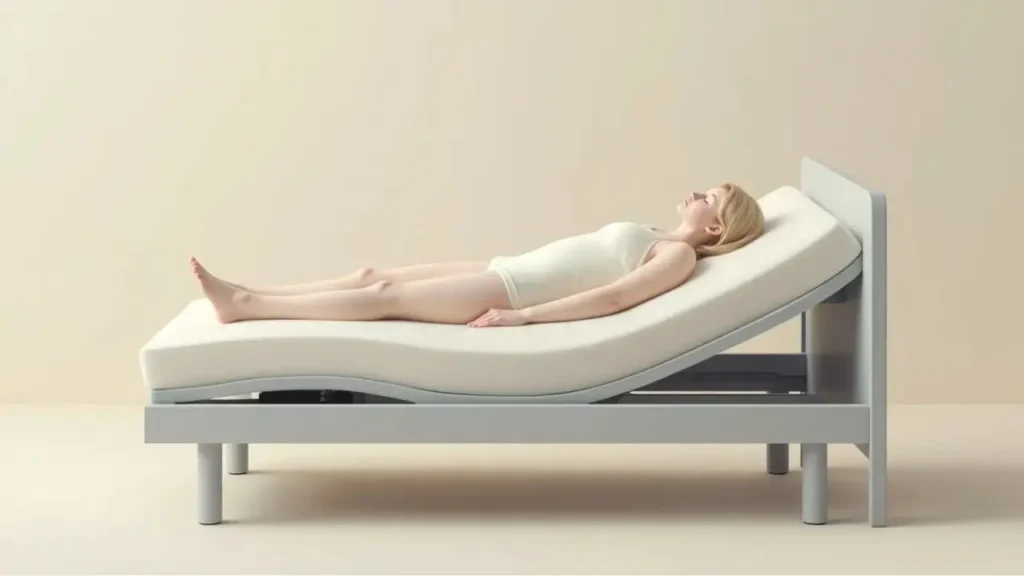 A person lying on a mattress on an adjustable bed, testing the comfort