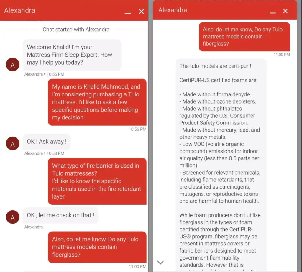 A-screenshot-of-the-conversation-regarding-tulo-mattress-fiberglass-usage-investigation