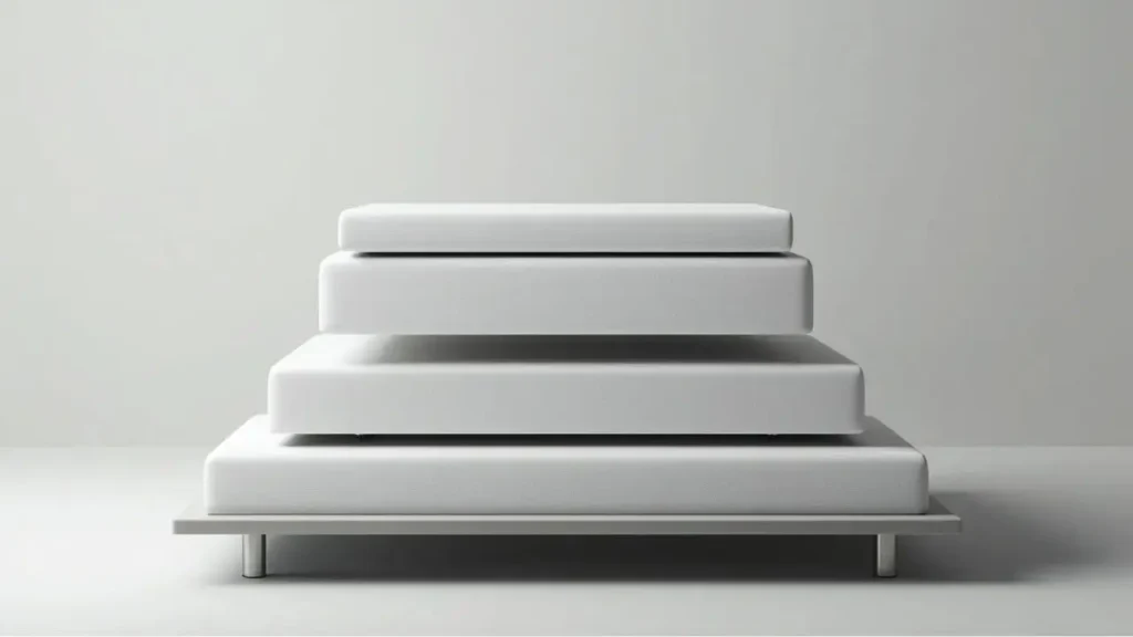 A stack of three mattresses of varying thickness, placed on an adjustable base