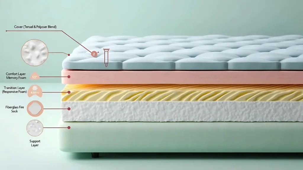 An image of a tulo mattress showcasing all layers including the fiberglass fire sock