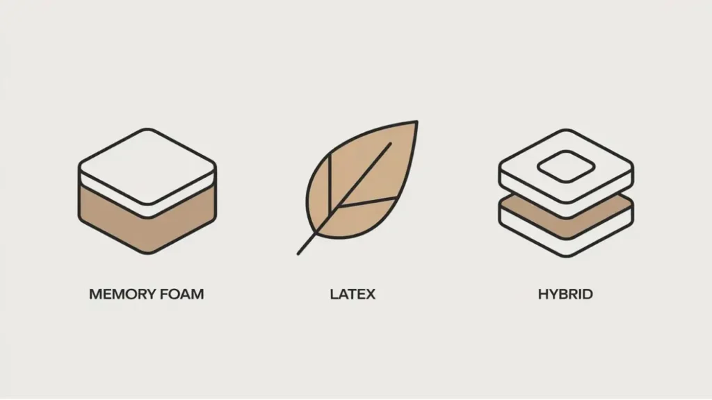 Different mattress materials (memory foam, latex, and hybrid)